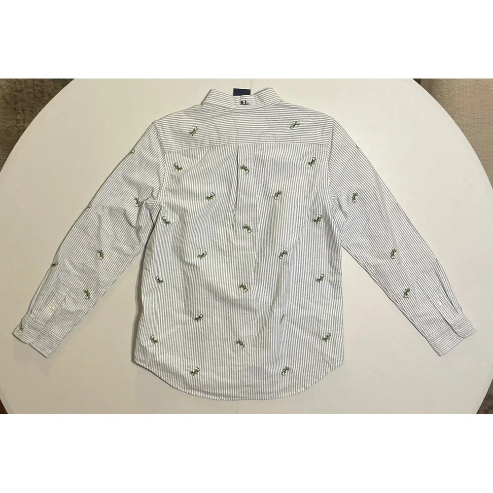 Ralph Lauren‎ Button Down Shirt Boys L 14-16 Pinstripe Lizard Embroidered Preppy